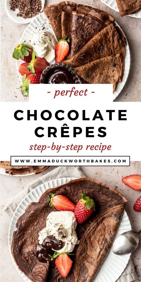 These Chocolate Crêpes are delicate and tender with the perfect chocolate flavour. Easy to make with only 7 ingredients, they make the best brunch or Valentine's Day dessert and totally satisfy those chocolate cravings. Chocolate Crepes Recipe, Classic French Desserts, French Dessert Recipes, Crepes Recipe, Chocolate Crepes, French Baking, French Chocolate, Waffle Cake, Chocolate Granola