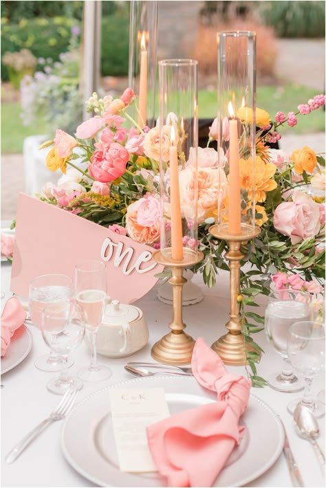 elegant fall wedding centerpieces with peach and pink details | Planning a romantic fall wedding? Find inspiration here! Conservatory at the Sussex County Fairgrounds Wedding photographed by NJ Wedding photographer Idalia Photography. #IdaliaPhotography #NJWedding #ConservatoryAtTheSussexCountyFairgroundsWedding #RomanticFallWedding Peach Wedding Theme, Peach Pink Wedding, Wedding Table Place Settings, Round Wedding Tables, Orange And Pink Wedding, Pantone 2024, Pink Wedding Decorations, Coral Wedding, Pink Table