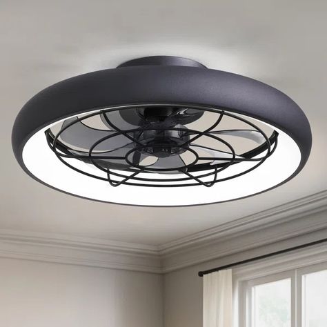 Juneann 20'' Flush Mount Ceiling Fan with LED Lights Can Lights In Living Room, Canned Lighting In Living Room, Low Profile Light Fixtures, Football Room, Football Rooms, Caged Ceiling Fan, Night Mode, Black Ceiling Fan, Flush Mount Ceiling Fan