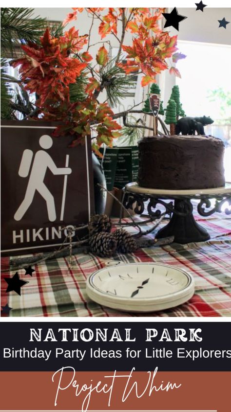 Conservation Themed Party, Outdoor Themed Birthday Party For Adults, State Park Themed Party, Adventure Table Decorations, Hiking Birthday Theme, Camp Birthday Party Ideas For Adults, Hiking Retirement Party, National Forest Birthday Party, Camping Birthday Party Decor