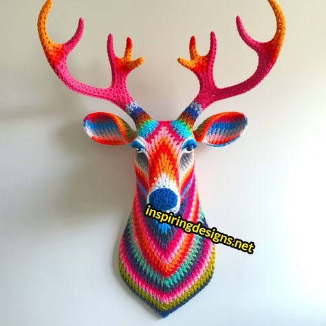 Crochet Animal Heads Free Pattern, Crochet Deer Head Pattern, Crochet Taxidermy Pattern Free, Crochet Animal Wall Hanging, Crochet Animal Heads, Crochet Animal Head, Crochet Mounted Animal Head, Animal Heads On Wall, Faux Taxidermy Pattern