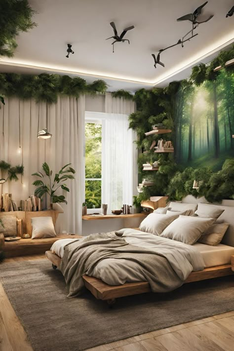 A forest-themed bedroom design brings the tranquility and natural beauty of the outdoors into the comfort of one's home, creating a serene and rejuvenating space. This design concept draws inspiration from lush woodlands, incorporating elements like tree motifs, leafy patterns, and earthy hues to evoke a sense of being amidst nature. Nature Room Decor Bedroom Ideas, Plant Aesthetic Bedroom Ideas, Apartment Bedroom Themes, Woodland Inspired Bedroom, Cave Inspired Bedroom, Swamp Themed Bedroom, Theme Room Ideas For Adults, Forest Aesthetic Home Decor, Earthy Room Ideas Bedroom