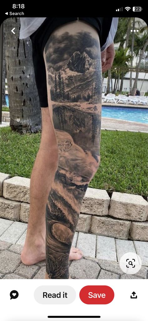 Mens Outdoor Tattoo Sleeve, Mountain Leg Sleeve Tattoo, Hunting Leg Sleeve Tattoo, Mountain Leg Tattoo Men, Mens Thigh Sleeve Tattoo, Masculine Sleeve Tattoo For Men, Outdoor Leg Tattoo, Big Nature Tattoo, Hiking Sleeve Tattoo