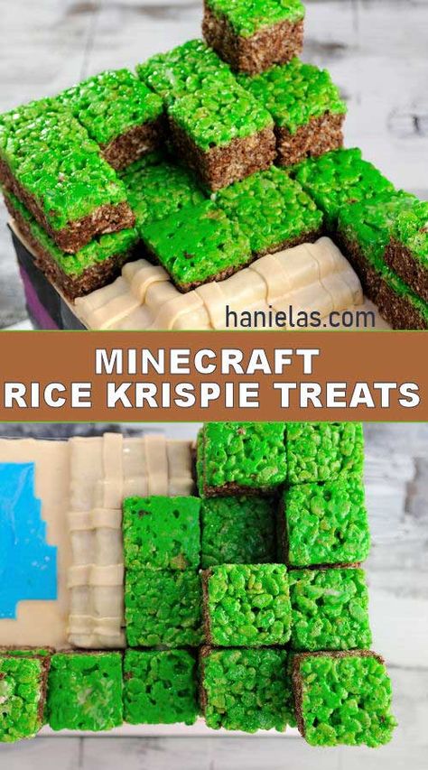 Minecraft Birthday Dessert, Minecraft Rice Krispies, Minecraft Baking Ideas, Mind Craft Birthday Party Ideas, Minecraft Sensory Bin, Minecraft Appetizers, Minecraft Rice Crispy Treats, Gaming Birthday Party Food Ideas, Minecraft Party Treats