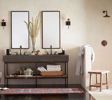 Rustic Reclaimed Wood Stool | Pottery Barn Concrete Vanity, Bath Stool, Rustic Bath, Rustic Ladder, Concrete Bathroom, Office Storage Furniture, Wood Ladder, With Wallpaper, Glass Sink