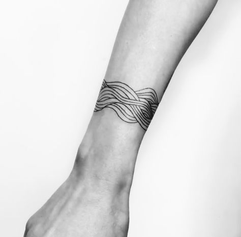 Water Line Art Tattoo, Wave Band Tattoo Design, Wave Band Tattoo, Sea Tattoo Design, Brownstone Backyard, Symmetry Tattoo, Surf Tattoos, Tattoo Cuff, Arm Cuff Tattoo