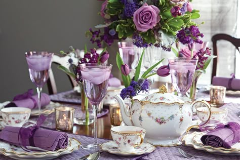 The rich purples of autumn provide an elegant backdrop for our fall-themed tea menu, which even includes touches of the hue in some of the dishes. Autumn Purple, Vase Deco, Tea Party Table, High Tea Party, Autumn Tea, Purple Shades, Tea Cups And Saucers, Tea Party Decorations, Afternoon Tea Parties