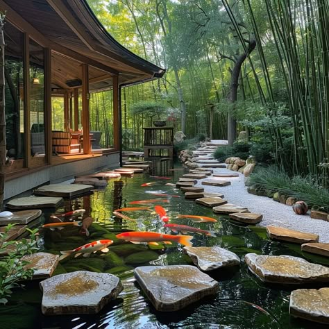 Serene Koi Pond: A tranquil koi pond surrounded by lush bamboo, with stepping stones leading to an elegant pavilion. #koi #pond #bamboo #tranquility #pavilion #aiart #aiphoto #stockcake ⬇️ Download and 📝 Prompt 👉 https://stockcake.com/i/serene-koi-pond_758504_963229 Latte Color Palette, Koi Fish In Pond, Coy Pond, Pond Backyard, Brown Comforter, Small Dream Homes, Restaurant Exterior Design, Brown Headboard, Wall Illustration