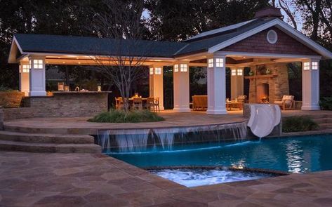 Pool Pavilion w/ Fireplace & Kitchen by GreenWorks Outdoor Living in Franklin, TN - Alignable Pool Pavilion Ideas, Beach House Backyard, Pavilion Ideas, Column Grid, Mike Ross, Landscaping Pool, Pool Pavilion, Fireplace Kitchen, Backyard Buildings