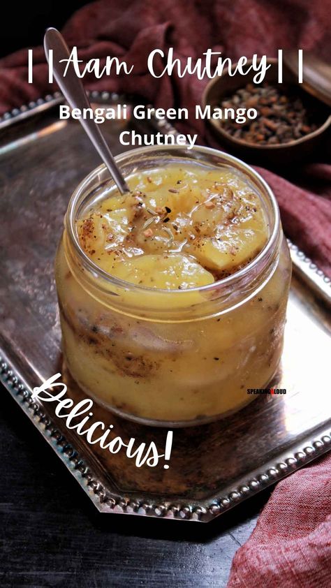 This Kacha Aamer Chutney (Chatni) or Green Mango Chutney is probably the best summer special chutney to go with simple and light summer dishes. Plus, it has absolutely zero oil, and by that, I mean no oil or butter in any form whatsoever! And....takes barely 10 minutes to get this ready. Oh! Did I tell you it practically needs only 3 ingredients and a Pressure Cooker (or Instant Pot)? Easy Mango Recipes, Green Mango Chutney, Indian Chutney, Mango Recipe, Bengali Recipes, Indian Vegan, Green Mango, Bengali Food, Mango Chutney