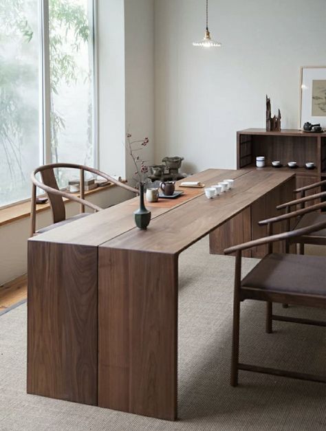 Long Work Desk, Wabi Sabi Office Desk, Dining Table Workspace, Japandi Office Desk, Organic Office Design, Long Wood Table, Feminine Interior Design, Modern Dinner Table, Wood Desk Design