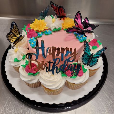 Butterfly Cake With Cupcakes, Party Combo Cake Ideas, Butterbean Cafe Birthday Cake, Butterfly 21st Birthday Cake, Butterfly Cupcake Cake Pull Apart, Butterfly And Flower Cake Design, 26 Birthday Cake, Disney Baking, Pull Apart Cupcake Cake