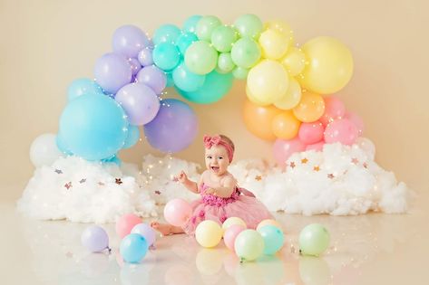 Unicorn First Birthday Photoshoot, Pastel Cake Smash, Unicorn Cake Smash, Cake Smash Theme, Baby Birthday Photoshoot, Birthday Decorations At Home, Rainbow First Birthday, 1st Birthday Girl Decorations