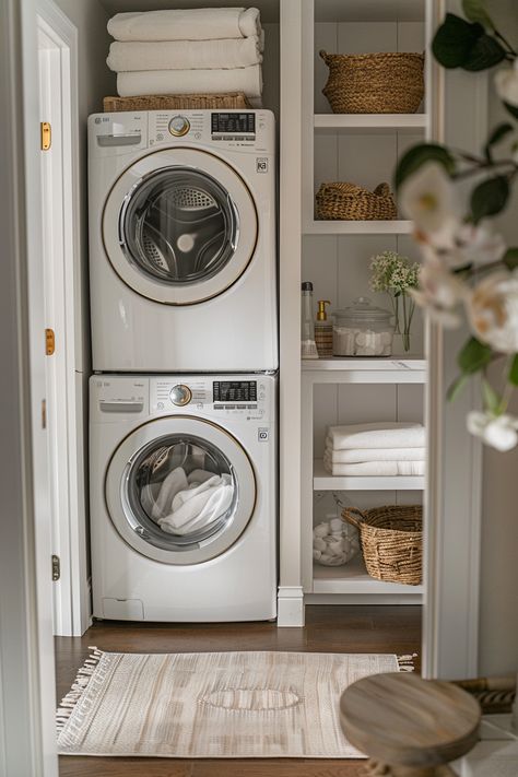 Minimalist Laundry Room Small Spaces, Utility Room Ideas Small Tiny Spaces, Small Laundry Corner, Laundry Room Size Layout, Laundry Under Stairs, Stacked Laundry Room Ideas Small Spaces, Tiny Laundry Area, Stacked Laundry Room Ideas, Laundry Room Layout Ideas