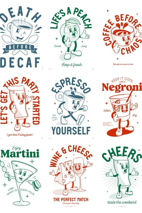 Bar Prints, Retro Graphic Design, Buch Design, Gift Ideas For Christmas, Cafe Logo, Christmas Illustrations, Retro Logos, Retro Cartoons, Coffee Branding