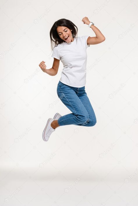 Free Photo | Portrait of a pretty joyful woman jumping Jumping Model Poses, Someone Jumping, Joyful Woman, Force Activities, Jumping Pictures, Woman Jumping, Picture Of A Person, Fruits Design, Human Pictures