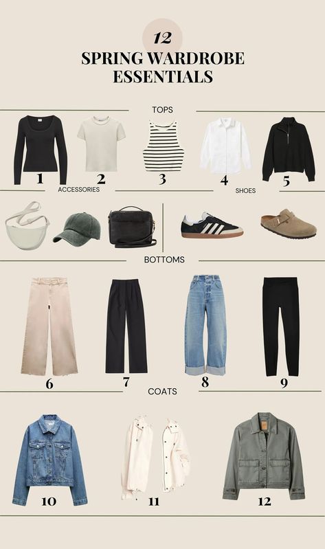 (100) 12 Clothing Wardrobe Essentials for Spring With 14 Printable Outfit Suggestions 10 Item Wardrobe Spring, Summer Dress Outfits 2024, Basic Clothes Essentials, Summer Essentials Clothes, 10 Piece Capsule Wardrobe, Postpartum Style, Travel Wardrobe Spring, Outfit Suggestions, Minimalist Wardrobe Capsule