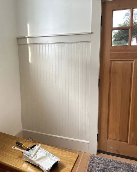 Basement With Beadboard Walls, Taupe Beadboard Walls, Half Wood Panel Walls Painted, Black Beadboard Entryway, Entryway Wayne’s Coating, Easy Bead Board Wall, Wayne’s Coating Wood, Waynes Coding Walls, Vertical Shiplap Chair Rail