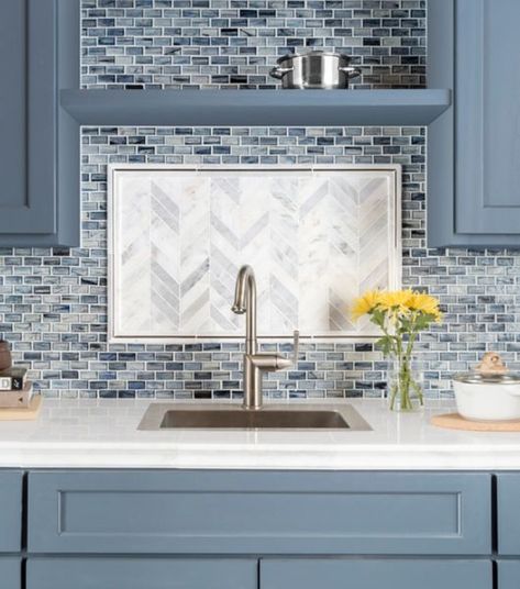 blue mosaic tile kitchen backsplash Blue Backsplash Kitchen, Backsplash Trends, Kitchen Backsplash Trends, Mosaic Tile Backsplash Kitchen, Kitchen Mosaic, Backsplash Tile Design, Mosaic Tile Kitchen, Blue Mosaic Tile, Blue Backsplash