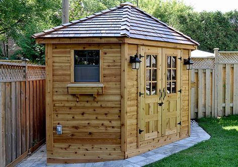 5 Sided Shed | 9x9 Penthouse, Garden, Corner Shed - Outdoor Living Today Corner Shed, Penthouse Garden, Wood Storage Shed, Corner Sheds, Wooden Storage Sheds, Workshop Diy, Garden Wood, Cedar Garden, Wood Storage Sheds