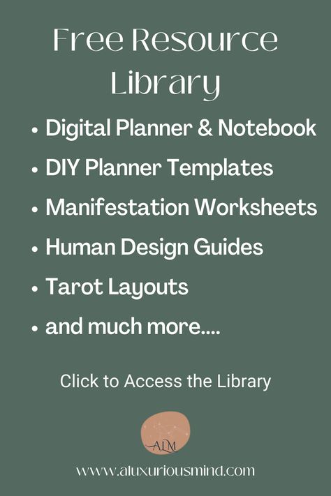 Free Resource Library at aluxuriousmind.com Tarot Journal Template Free Printable, Goodnotes Template Free Study, Manifestation Worksheet, Free Digital Journal, Goal Setting Worksheet Printables, Goodnotes Free, Free Downloadable Prints, Tarot Card Meanings Cheat Sheets, Tarot Card Layouts