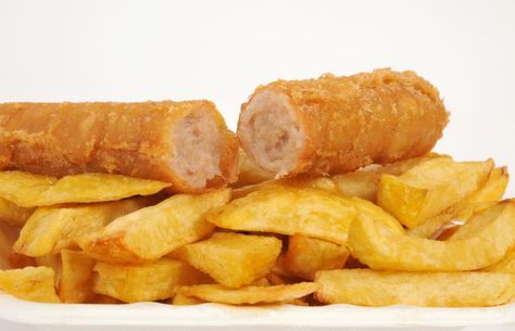 Battered Sausage Sausage And Chips, Battered Sausage, Irish Cuisine, 42nd Street, Irish Traditions, Looks Yummy, Fake Food, Snack Recipes, Yummy Food