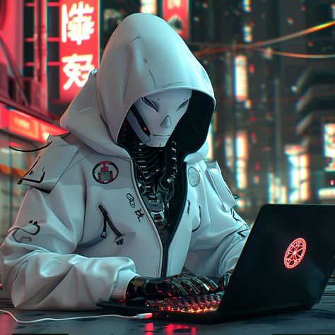 white android in gey hoodie typing on a laptop with stickers on lid, cyberpunk background, hyper-realistic, cinematic 16:9 --v 6 Cyberpunk Realistic, Laptop With Stickers, Cyberpunk Android, Cyberpunk Background, Dystopian Films, Toys Design, Art Toys Design, Futuristic Art, Body Armor