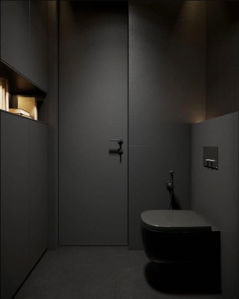 Black Toilet Design, Black Toilet Room, Modern Black Bathroom Design, Toilet Modern Design, Black Bathroom Interior, Dark Toilet, Dark Modern Bathroom, Wc Black, Black Wc