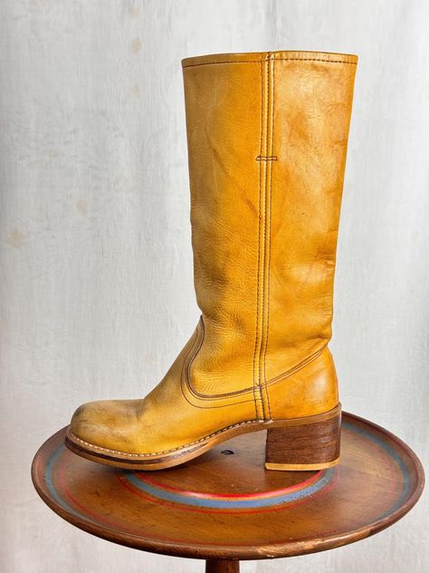 Frye Campus Banana Boots, Style Tall Boots, Frye Campus Boots, Campus Boots, Vintage Gold Watch, Thrift Inspo, Unique Bangle, Campus Style, Seventies Fashion