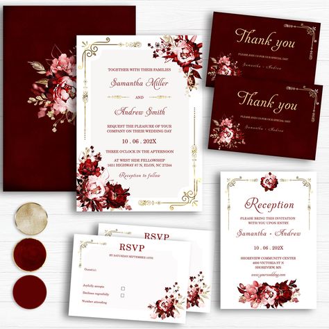 Black and Burgundy Wedding Invitations, Wedding invitations Burgundy boho, Burgundy Rustic wedding invitations #1600  TRY BEFORE YOU BUY!  Demo this item now! Copy and paste the URL below to demo: https://www.corjl.com/d/2MH2KP WHAT IS IT ★★ Ipg/pdf files: 1) One-Sided 5x7 Invitation 2) RSVP 5 x 3,5 3) Thank you 5 x 3,5 4) Reception 3,5 x 5 5) Texture for the backside  Detailed instructions from Corjl Buy one, print as many as you need at the location of your choice! Access your self-editable te Burgundy And Marsala Wedding, Wedding Invitation Cards Burgundy, Burgundy And Gold Wedding Invitations, Winter Wedding Invitations Burgundy, Olive Green And Burgundy Wedding, Maroon And Grey Wedding, Burgundy And Gold Wedding Reception, Champagne And Burgundy Wedding, Maroon Wedding Invitations