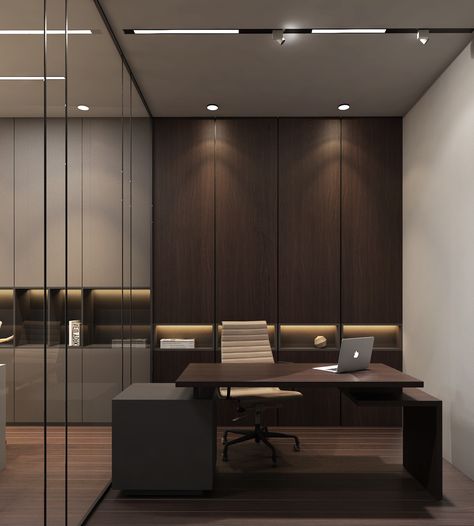 Corporate Office Interior on Behance Dark Office Room Aesthetic, Oficce Design Modern, Lawyer Office Decor Ideas, Classy Office Design, Luxury Modern Office Design, Office Interior Design Wood, Office Design Dark, Small Office Interior Design Modern, Wood Office Design