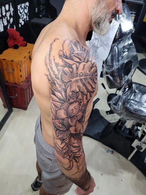 Tattoo Sleeve Men Realism, Masculine Floral Tattoo, Oliver Tattoo, Coqui Tattoo, Flower Tattoo Sleeve Men, Neck Tats, Chest Tattoo Drawings, Men Flower Tattoo, Tree Sleeve Tattoo