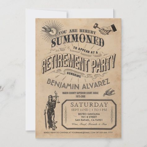 Judge Retirement Invitation - Party Vintage Retro  Zazzle Open House Invitation, Retirement Invitation, Law School Graduation, Retirement Invitations, Retirement Party Invitations, Lady Justice, Vintage Invitations, Graduation Invitation, Graduation Party Invitations