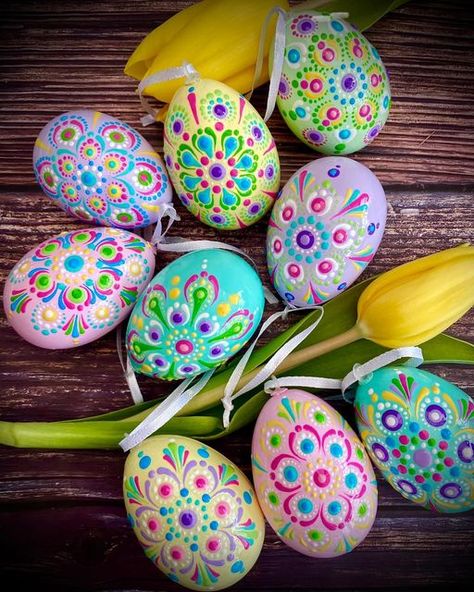 @enchantedmandalabaubles on Instagram: "Painting these Easter eggs brings me so much joy! They will brighten up your home for spring and any Easter celebrations. I hang mine of a white painted tree 😊🐣💐🤷‍♀️ #easter #easterdecor #eggs #eastereggs #eastersunday #easteregghunt #easterweekend #eastertable #eastertabledecor #eastertree #decoration #paintedeggs #mandalalove #handpainted #homedecorideas #photography #mandala #mandalaart #dotmandalas #dotmandala #bespoke #unique #follow #dotmandalafe Easter Bunny Dot Painting, Dot Painting Easter Eggs, Easter Egg Mandala, Mandala Easter Eggs, Decorating Easter Eggs Ideas, Boiled Eggs Ideas, Easter Egg Design Ideas, Easter Mandala, Easter Holiday Ideas