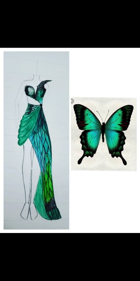 Butterfly Inspired Fashion Design, Natural Motifs Design Drawing, Butterfly Dress Drawing Fashion Illustrations, Nature Fashion Illustration, Nature Inspired Fashion Illustration, Butterfly Fashion Illustration, Nature Inspired Dress Illustration, Natural Motifs Drawing, Fashion Illustration Sketches Dresses Design Inspirational