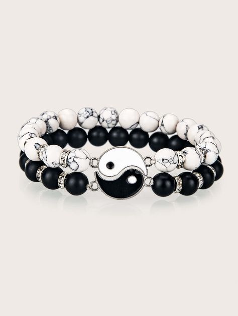 Black and White    Stone  Beaded    Jewelry Stone Bead Jewelry, Mens Fashion Jewelry, Butterfly Decorations, Bead Charm Bracelet, Heart Decorations, White Stone, Chain Ring, Yin Yang, Stone Beads