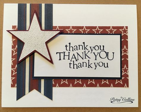 By Patsy Collins. Patriotic card made with patterned paper and heart die-cuts. Sentiment by Inkadinkado. Veterans Cards, Patriotic Christmas Cards, Patriotic Background, Patriotic Cards, Blue Cards, Military Cards, Patriotic Christmas, Veteran's Day, Fourth Of July Decor