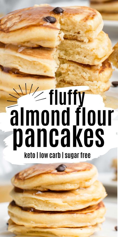 Text reads fluffy almond flour pancakes Keto Pancakes Almond Flour, Pancakes Almond Flour, Fluffy Keto Pancakes, Keto Pancake Recipe, Keto Cream Cheese Pancakes, Sugar Free Pancakes, Best Keto Pancakes, Low Carb Pancake Recipe, Almond Pancakes