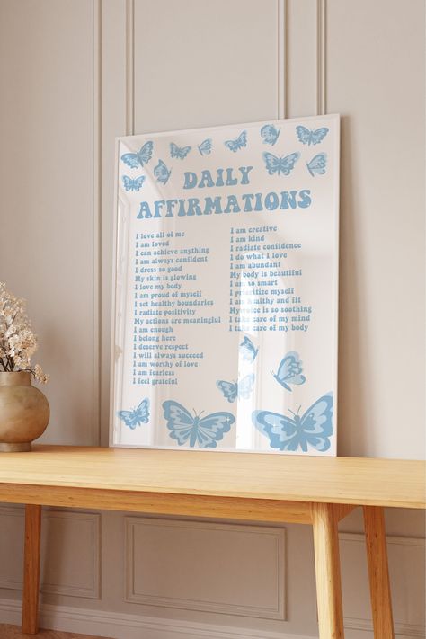 Daily Affirmations Printable Poster Blue Dorm Room Decor For Wall Print Digital Download Daily Reminder Affirmations Print by PinkVanillaDesign on Etsy Reminder Affirmations, Daily Affirmations Poster, Blue Dorm Room, Affirmations Printable, Blue Dorm, College House, Poster Blue, Love My Body, Printable Poster