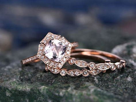 Morganite engagement ring-Solid 14k Rose gold ring-Diamond Ring-7mm Cushion gemstone promise ring-3pcs Bridal Ring set-Marquise wedding band Morganite Engagement Ring Halo, Vintage Anniversary Rings, Pink Morganite Ring, Rose Gold Promise Ring, Double Halo Engagement Ring, Double Halo Engagement, Rose Gold Diamond Ring, Morganite Engagement, 14k Rose Gold Ring