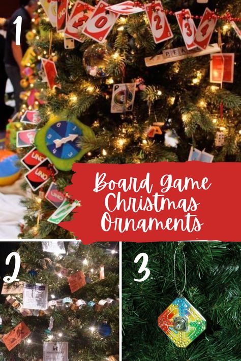 Our Favorite Christmas Board Games for Holiday Fun - Peachy Party Game Room Christmas Decor, Board Game Ornaments Diy, Game Room Christmas Tree, Board Game Christmas Tree, Christmas Board Games For Kids, Board Game Christmas Ornaments, Chritmas Tree Game, Game Christmas Ornament, Christmas Tree Game