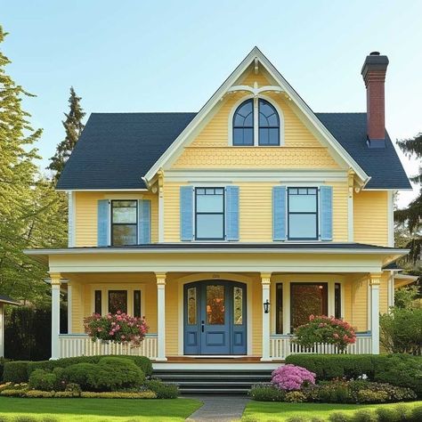 Yellow Exterior House, 80s House Exterior, House Siding Ideas Exterior, Exterior House Colours, Yellow House Exterior, Inspiring Lifestyle, Tiny House Village, Craftsman Homes, House Colours