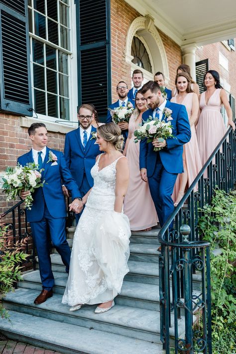 wedding party in blush and royal blue #weddingday #blushwedding #weddinginspiration #Weddingplanning #bride #bluegroomsmen #bridalparty Wedding Color Royal Blue, Royal Blue Suit Wedding, Royal Blue Wedding Theme, Blue Groomsmen, Blue And Blush Wedding, Royal Blue Suit, Blue Suit Wedding, Stunning Bridesmaid Dresses, Blush Bridesmaids