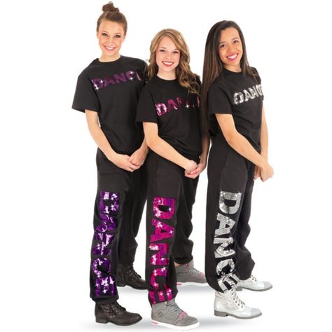 Glitter Clothes Practice, Dance Sweatpants, Dance Clothes Practice, Team Ideas, Middle School Outfits, Black Sweats, New Business Ideas, Dance Clothes, Dance Classes