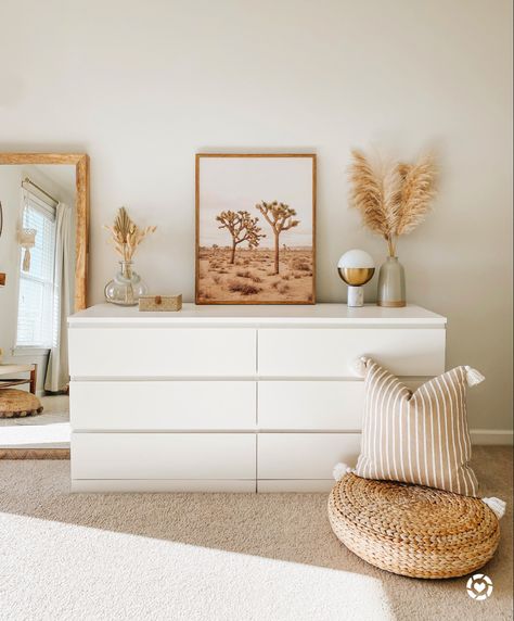 White Wood Gold Bedroom, Boho Bedroom With Ikea Furniture, Bedroom Dresser White, White Gold And Wood Bedroom, Boho Bedroom White Furniture, Wood And Gold Bedroom, Boho Bedroom Dresser Decor, White And Gold Bedroom Aesthetic, Nordic Bedroom Ideas