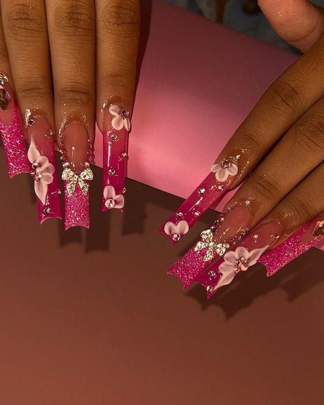 Blinged Nails Rhinestones, Pink Quince Nails Long, Hot Pink Quince Nails, All Pink Acrylic Nails, Hot Pink Baddie Nails, Pink And Red Nails Acrylic, Pink Nails Long Square, Hot Pink Long Nails, Cute Long Nails Ideas