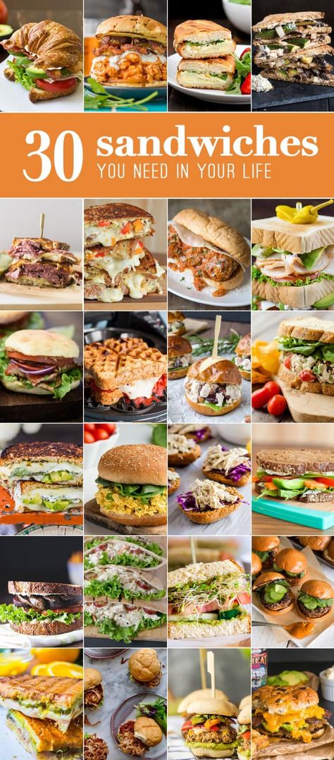 30 Sandwiches! These easy sandwich recipes are some of my favorite meals! Everything from meatball subs to creative grilled cheese recipes. ALL THE BEST SANDWICH RECIPES! Easy Sandwich, Best Sandwich Recipes, Buffalo Chicken Sandwiches, Easy Sandwich Recipes, Cold Sandwiches, Meatball Subs, Grilled Cheese Recipes, Healthy Sandwiches, Simple Sandwiches