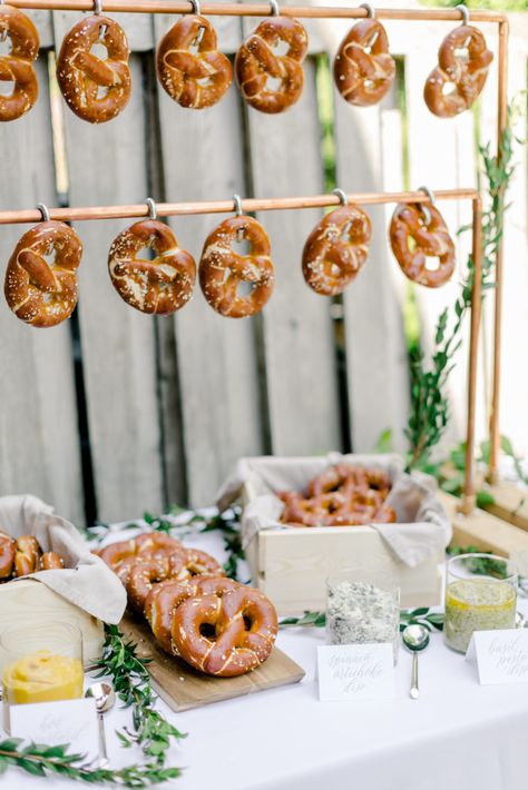 Pretzel Bar DIY | Featured on This Life of Ours | Food Display Ideas #pretzelbar #diypretzelbar #weddinginspo Food Display Ideas, Pretzel Bar, Fun Signage, Cocktail Hour Food, Pretzel Bars, Mini Sliders, Party Bites, Dreamy Photos, Baby Bash