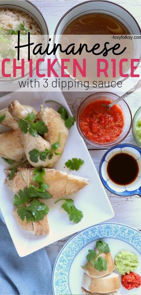 Get this Hainanese Chicken Rice recipe with 3 dipping sauces! A 3-in-1 dish that you will surely love. This chicken, rice, and soup combo is just amazing! | www.foxyfolksy.com #chickenrecipe #asianfood #recipes #foxyfolksy Hainanese Chicken Rice Sauce, Hainese Chicken Rice Recipe, Hainanese Chicken Recipe, Singaporean Recipes, Singapore Chicken, Chicken Rice Recipe, Hainanese Chicken Rice, Foxy Folksy, Dipping Sauces For Chicken