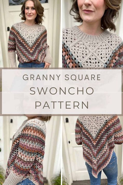 Crochet Granny Square Sweater Layout, Swoncho Pattern Free Crochet, Granny Square Christmas Sweater, Crochet Granny Stitch Sweater, Crochet Swoncho, Crochet Granny Square Jumper, Granny Square Sweater Pattern Free, Cape Diy, Granny Square Poncho